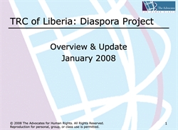 [ai] A presentation slide titled "TRC of Liberia: Diaspora Project" with a subtitle "Overview & Update" and the date "January 2008." The background features a light abstract design.